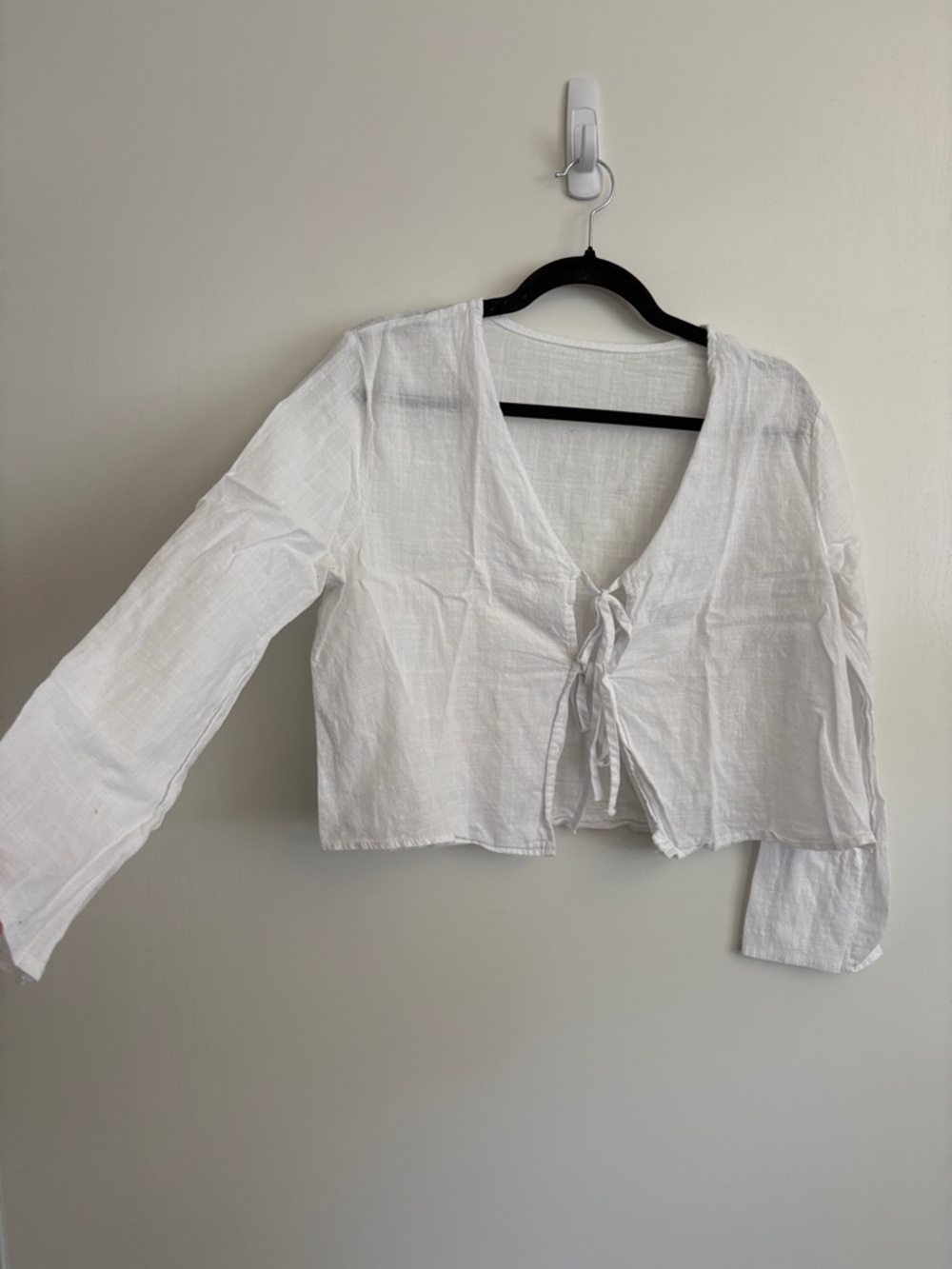 White Tie-Front Cropped V-Neck Top